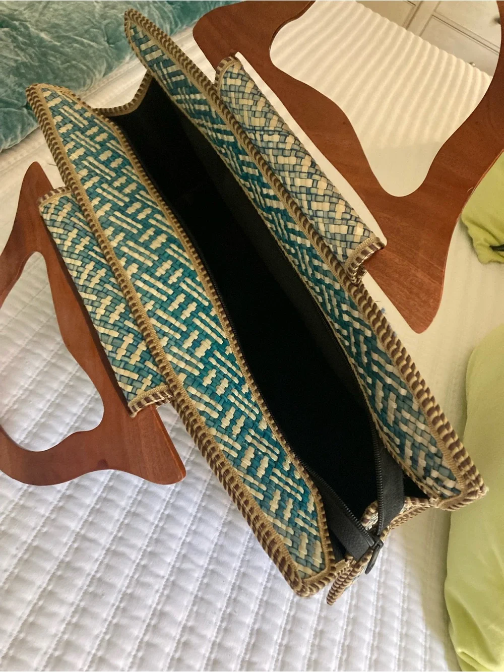 Vintage Teal and Natural Woven Clutch with Wooden Handles